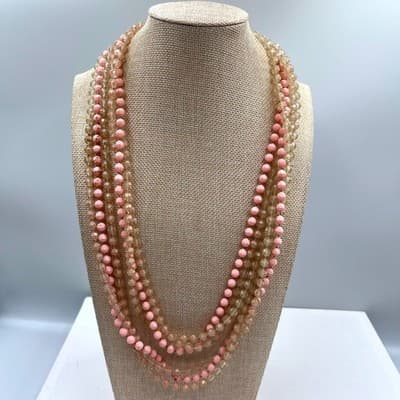 Vintage Multi Strand Beaded Necklace Pink Faceted Glass Long Layered Statement