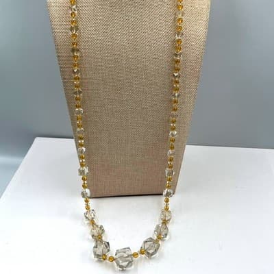 Vintage Clear Faceted "Crystal Ice" Bead Necklace Yellow Accent Long Statement