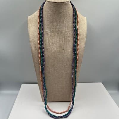 VTG Long Multi Strand Beaded Necklace Pink Purple Teal Round Beads Layered Boho