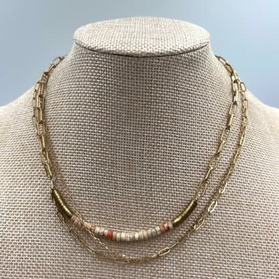 Vintage Gold Tone Layered Chain Necklace Beaded Bar Accent Minimalist Boho Style