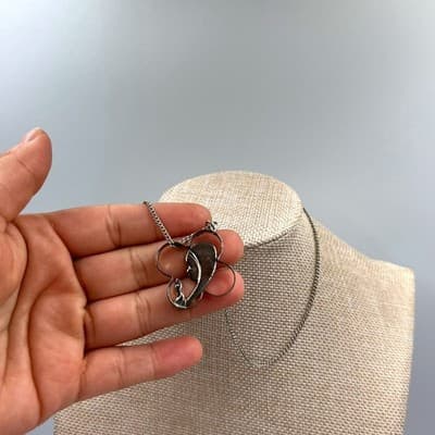 Vintage Silver Tone Abstract Mother Child Pendant Necklace Open Frame Minimalist