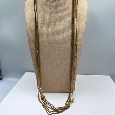 VTG Gold Tone Layered Chain Necklace Paperclip Link Multi Strand Drape Statement