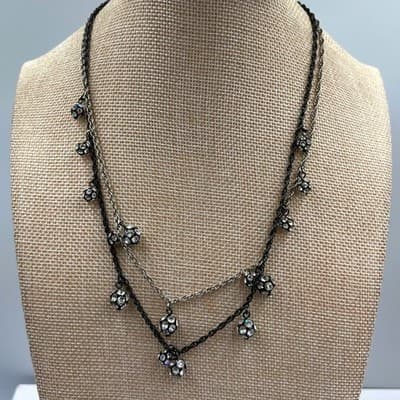 VTG Loft Layered Chain Necklace Black Silver Tone Rhinestone Dangle Bead Cluster