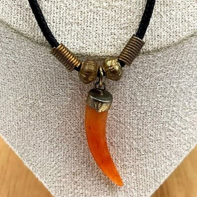 Vintage Black Cord Necklace Faux Horn Orange Tusk Pendant Tribal Statement Charm