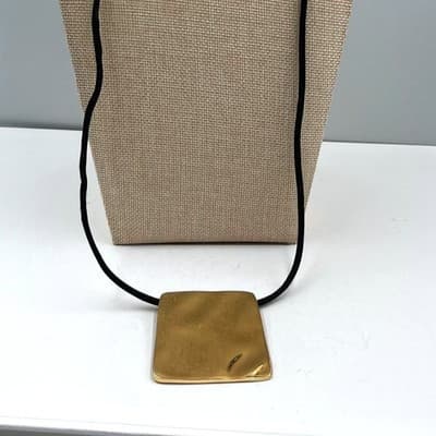 Vintage Chico's Gold Tone Square Pendant Necklace Black Cord Modern Statement