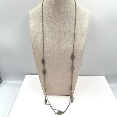 Vintage Long Bronze Tone Filigree Necklace Multi Station Round Link Chain Boho