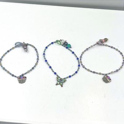Vintage Set of 3 Beaded Bracelets Butterfly Cupcake Charm Iridescent Blue Purple