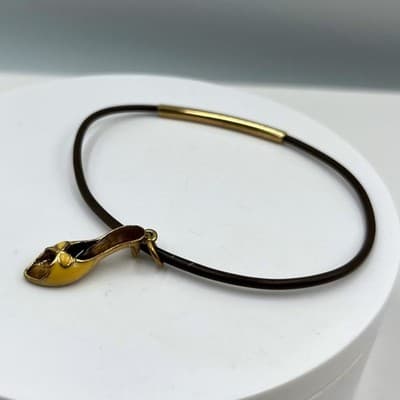 Vintage Gold Tone Enamel High Heel Ballet Slipper Charm Bracelet Brown Cord Band