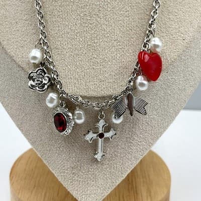 Vintage Y2K Silver Tone Charm Necklace Cross Heart Faux Pearl Red Rhinestone