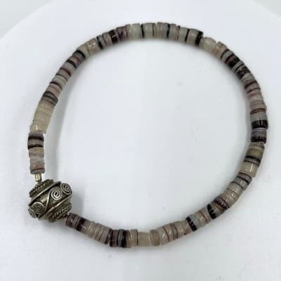 VTG Neutral Banded Stone Heishi Beaded Bracelet w/ Ornate Silver-Tone Focal Bead