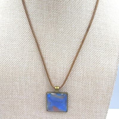 Vintage Blue Abstract Square Pendant Necklace Brown Cord Bronze Tone Frame