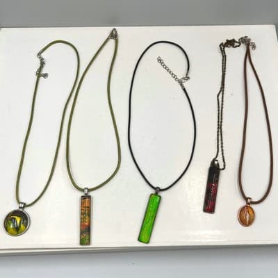 Vintage Set of 5 Abstract Glass Pendant Necklaces on Cord & Chain – Multicolor