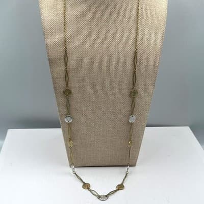Vintage Long Gold Tone Link Necklace Textured Disc Stations Two Tone Minimalist