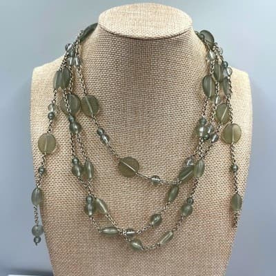 Vintage Long Multi Strand Seafoam Beads Necklace Green Silver Tone Layered Chain