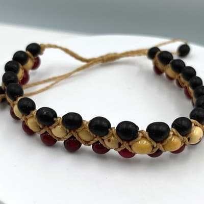Bracelet Beaded Boho Triple Row Black Burgundy Cream Adjustable Cord Handcrafted