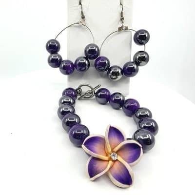 Vintage Purple Beaded Jewelry Set Tropical Flower Bracelet Hoop Earrings Boho