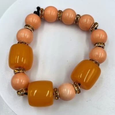 Vintage Orange Barrel & Peach Beaded Stretch Bracelet Rhinestone Spacer Accents