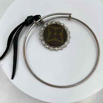 Vintage Repurposed Designer-Inspired Monogram Charm Bangle Bracelet Rhinestone