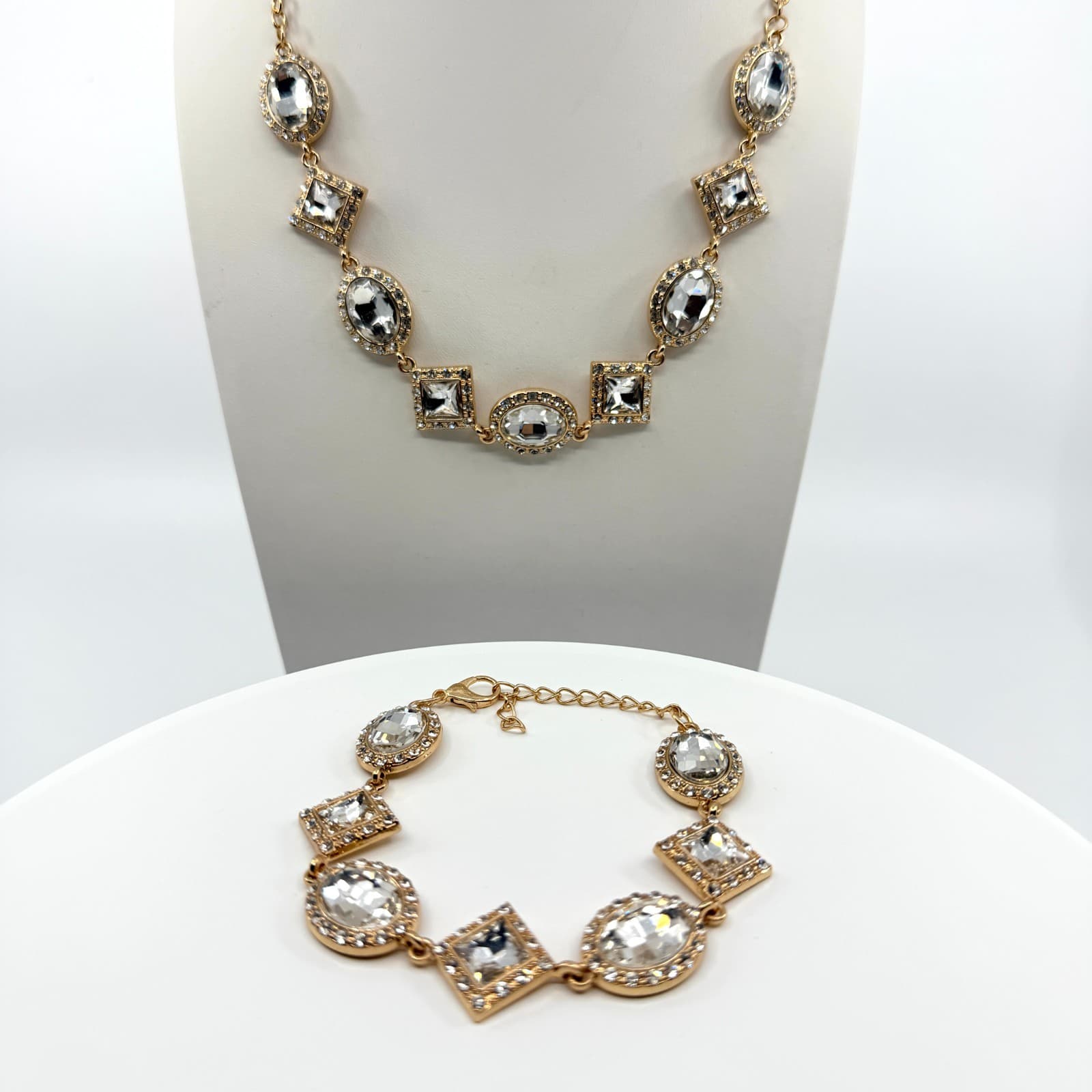 Vintage Gold Tone Clear Crystal Jewelry Geometric Statement Necklace Bracelet