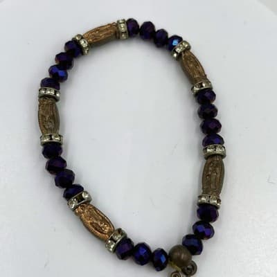 Vintage Purple Faceted Bead Bracelet Religious Medal Charm Rhinestone Spacer