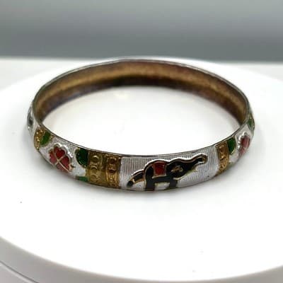 Vintage Gold Tone Flat Mesh Bangle Bracelet Elephant Floral Enamel Bohemian Gift