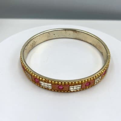 Vintage Gold Tone Bangle Bracelet Pink Rhinestone Glitter Mirror Inlay Stackable