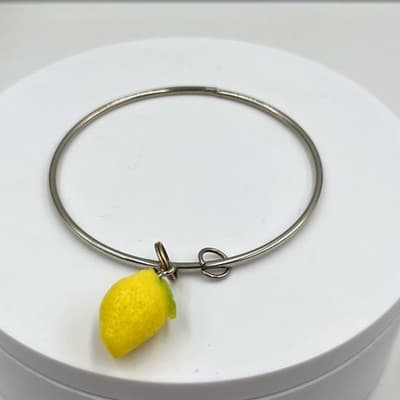 Vintage Lemon Fruit Charm Bangle Bracelet Silver Tone Stackable Jewelry Gift