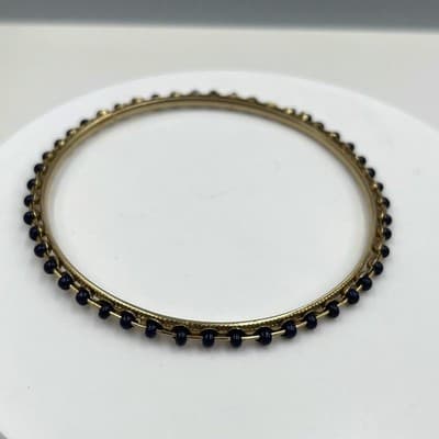 Vintage Gold Tone Bangle Bracelet Navy Blue Seed Bead Inlay Boho Stackable Gift