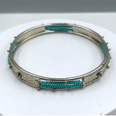Vintage Silver Tone Bangle Bracelet Turquoise Blue Seed Bead Inlay Textured Boho