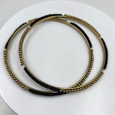 Vintage Set of 2 Gold Tone Bangle Bracelets Black Seed Bead & Gold Ball Detail