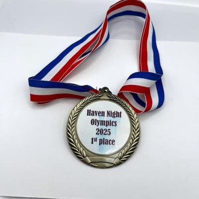 Vintage 1st Place Medal Haven Night Olympics 2025 Award Ribbon Red White Blue