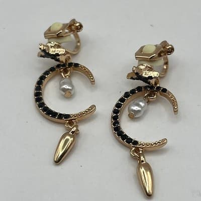 Vintage Celestial Moon Clip On Earring Gold Tone Black Crystal Faux Pearl Dangle