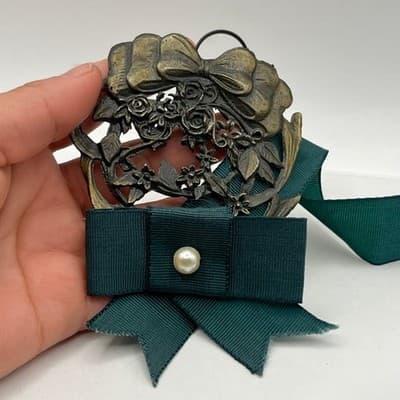 Vintage Bronze Floral Sash Pin Green Ribbon Bow Faux Pearl Brooch Made in Taiwan