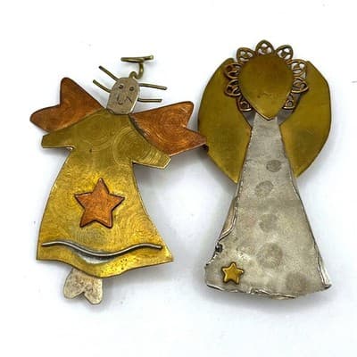 VTG Artisan Mixed Metal Angel Brooch Pin Lot 2 Brass Silver Copper Handmade Star