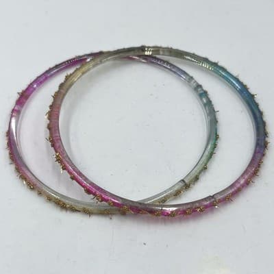Vintage Set of 3 Glass Bangles Pink Blue Clear Gold Floral Tinsel Detail Size 7