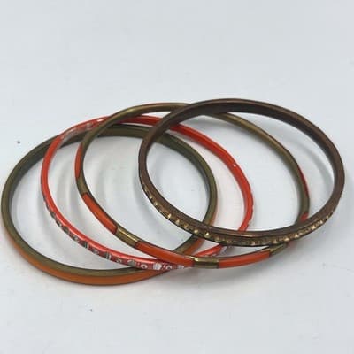 4pc Vintage Enamel Bangle Bracelet Set Orange Copper Rhinestone Stacking Jewelry