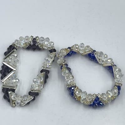 Vintage Set of 2 Beaded Stretch Bracelet Purple Blue Faceted Crystal Silver Tone