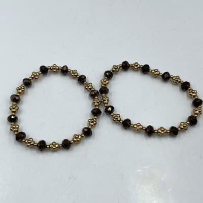 Vintage Gold Tone & Smoky Brown Faceted Glass Bead Stretch Bracelet Set of Two