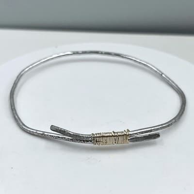 Artisan Hammered Silver Tone Bangle Bracelet, Mixed Metal Wire Wrap, Stackable