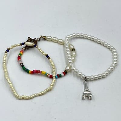 Vintage 3pc Beaded Bracelet Set Faux Pearl Eiffel Tower Charm Boho Multi Strand