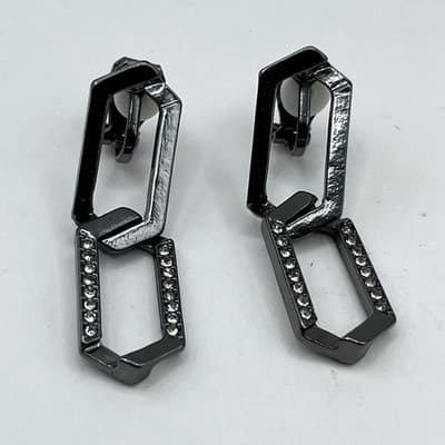 VTG Gunmetal Geometric Link Dangle Earrings Pave Crystal Clip-On Hematite Tone