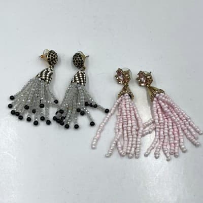 Lot Of 2 Vintage Boho Black White Beaded Tassel Earrings Rhinestone Drop Dangle
