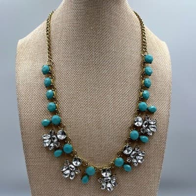 Vintage Gold Tone Teal Blue Cabochon & Rhinestone Statement Bib Necklace Floral