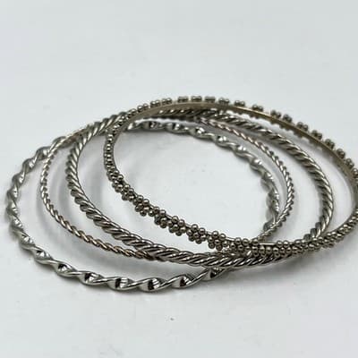 Vintage Silver Tone Bangle Bracelet Set Mixed Texture Twisted Beaded Stackable 4