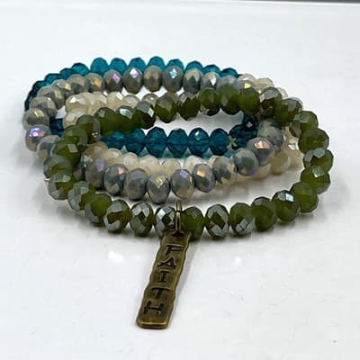 Vintage Beaded Faith Charm Bracelet Set 4pc Stretch Faceted Glass Crystal Cream