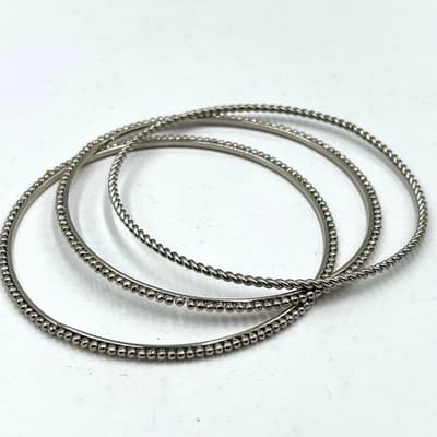 Vintage Silver-Tone Stacking Bangle Bracelets Set 3 Twisted Beaded Plain Texture
