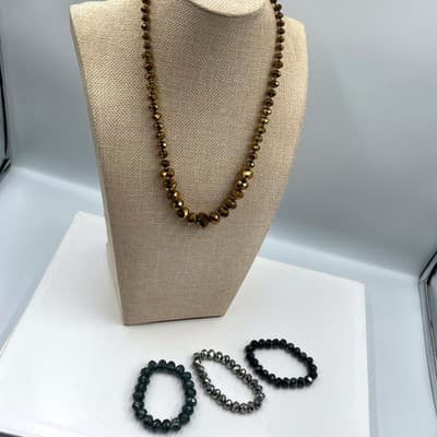 Vintage Faceted Glass Bead Jewelry Set - Graduated Necklace & 3 Stretch Bangles