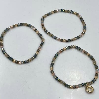 Vintage 3PC Multi-Color Faceted Glass Bead Bracelet Set Stack Gold Crystal Charm