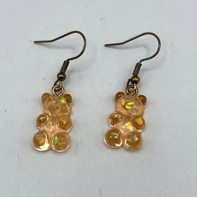 Iridescent Peach Gummy Bear Drop Earrings Gold Tone Hooks Whimsical Y2K Jewelry