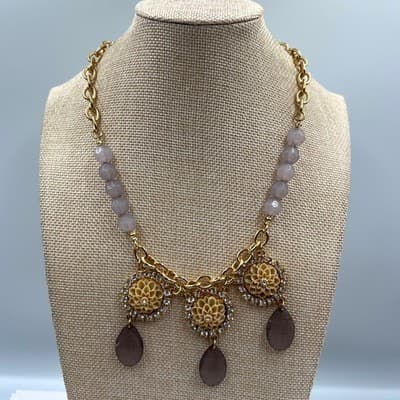 Vintage Plunder Gold Tone Necklace Lavender Beads Rhinestone Floral Bib Charm